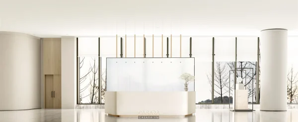 Ảnh quầy phục vụ lễ tân có đèn thả trong không gian thương mại do Casara tuyển chọn cho thư viện thiết kế nội thất.