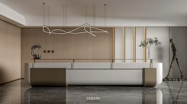 Ảnh sảnh chờ nhiều màu sắc với sofa module và đèn trần tròn do Casara tuyển chọn cho thư viện thiết kế nội thất.
