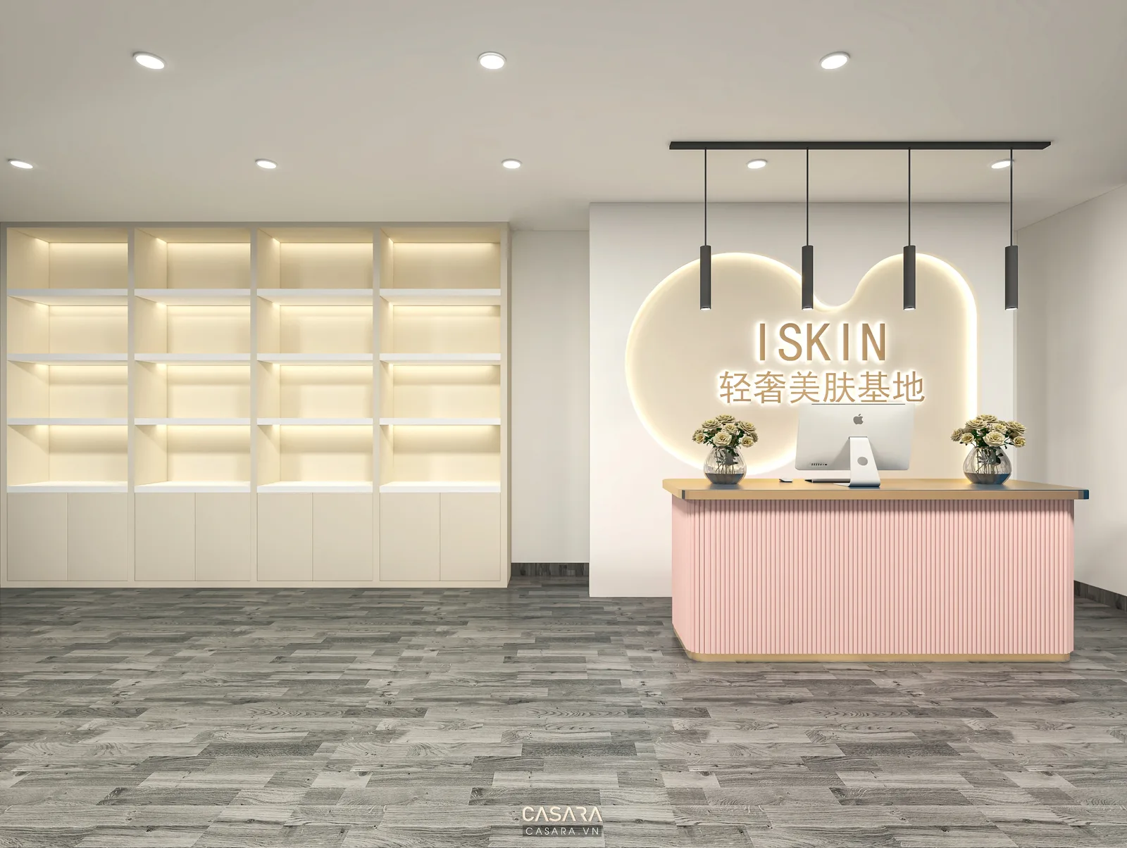 Ảnh sảnh trưng bày kết hợp quầy lễ tân và bồn cây trang trí do Casara tuyển chọn cho thư viện thiết kế nội thất.