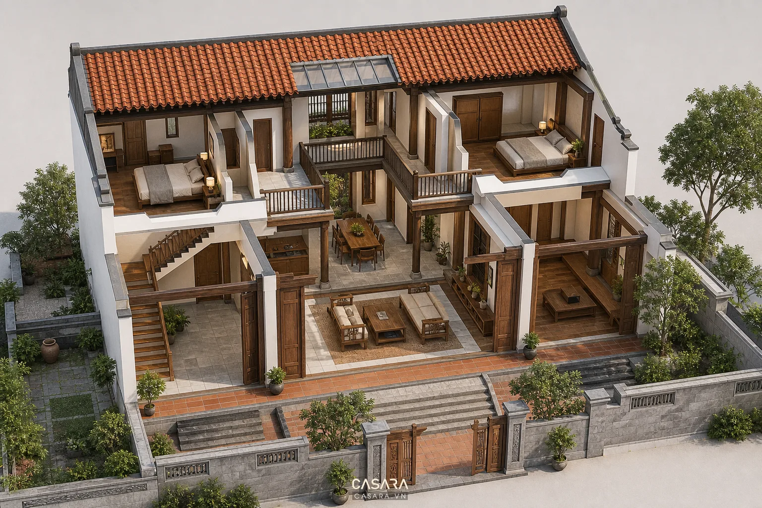 Mặt cắt nhà 3 gian 2 tầng cho thấy hiên trước, gian giữa, cầu thang lệch, giếng trời và phòng ngủ tầng hai