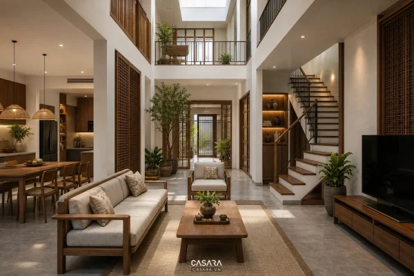 Nhà vuông 2 tầng có phòng khách trung tâm và giếng trời cho chủ đề nhà vuông 2 tầng Casara.