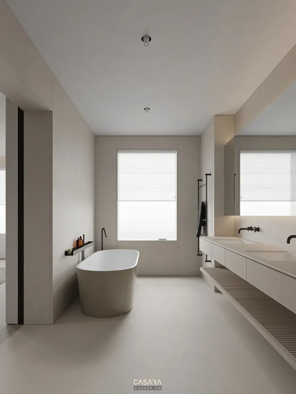Ảnh góc phòng tắm tối màu với tủ lưu trữ và lavabo đá do Casara tuyển chọn cho thư viện thiết kế nội thất.