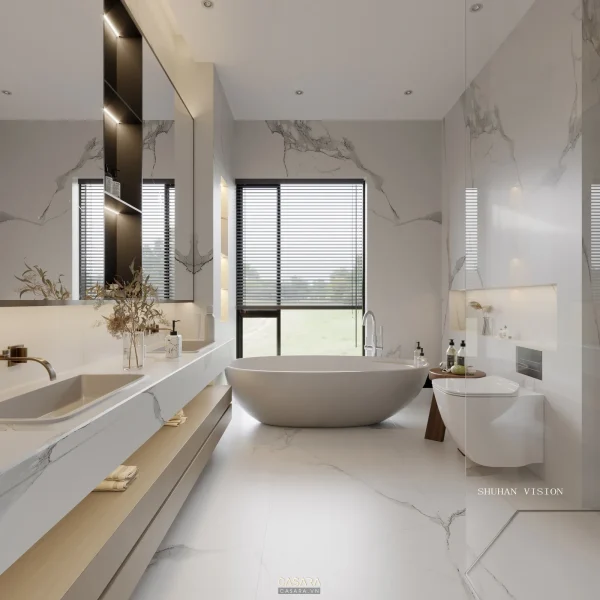 Ảnh phòng tắm có bồn nằm, lavabo treo và tường đá sáng do Casara tuyển chọn cho thư viện thiết kế nội thất.