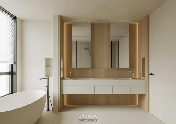 Ảnh phòng tắm đá trắng với lavabo dài và cabin kính rộng do Casara tuyển chọn cho thư viện thiết kế nội thất.
