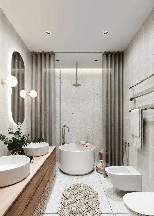 Ảnh phòng tắm lavabo đá xám với vòi âm tường và cây trang trí do Casara tuyển chọn cho thư viện thiết kế nội thất.