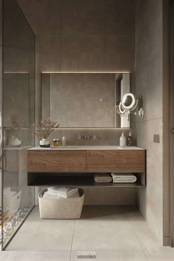 Ảnh phòng tắm sáng màu với tủ lavabo treo và gương lớn do Casara tuyển chọn cho thư viện thiết kế nội thất.