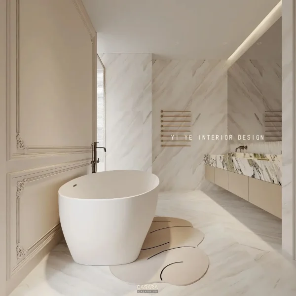 Ảnh phòng tắm trắng đen với cabin kính và tủ lavabo dài do Casara tuyển chọn cho thư viện thiết kế nội thất.