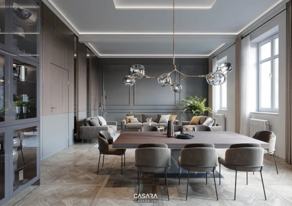 Ảnh bếp căn hộ hiện đại với đảo bếp nhỏ và ghế ăn trắng do Casara tuyển chọn cho thư viện thiết kế nội thất.