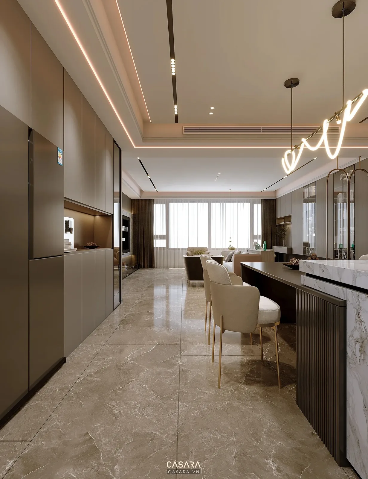 Thiết kế thi công nội thất biệt thự với bếp hiện đại đảo bếp tủ gỗ mặt đá bàn ăn lớn và đèn thả