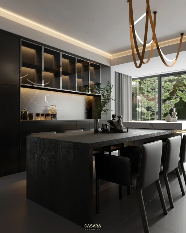 Ảnh nhà hàng rộng với booth gỗ và trụ trần công nghiệp do Casara tuyển chọn cho thư viện thiết kế nội thất.