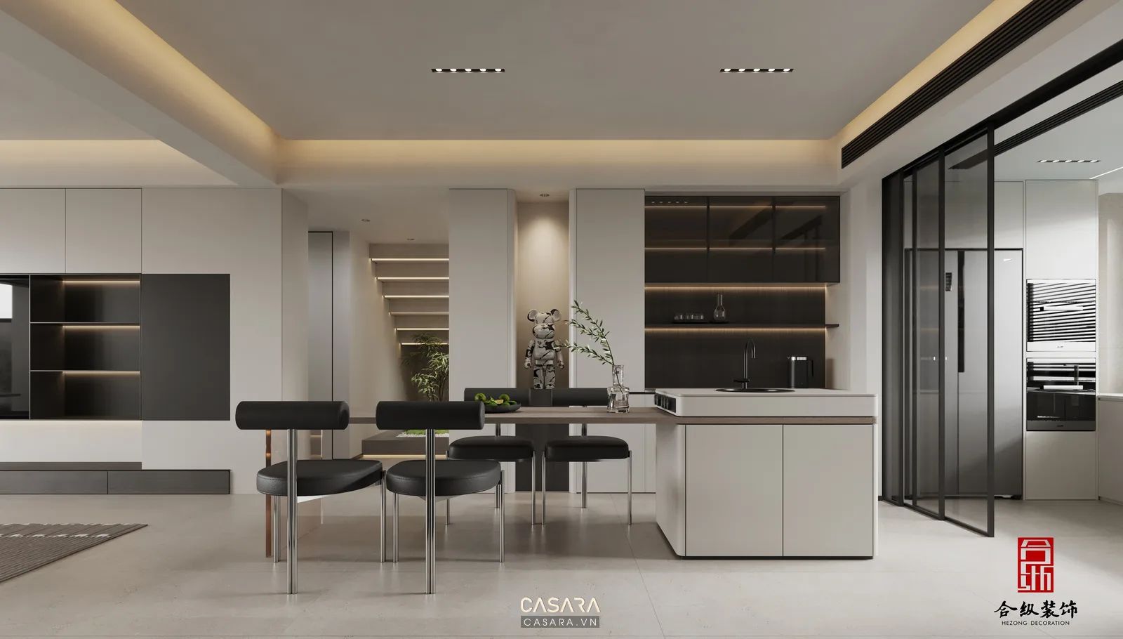 Hình ảnh nhà bếp đẹp kết hợp phòng ăn gia đình với bàn tròn và vách xanh trang trí.