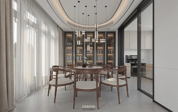 Ảnh phòng ăn sáng màu với kệ trang trí và bàn gỗ nhỏ do Casara tuyển chọn cho thư viện thiết kế nội thất.