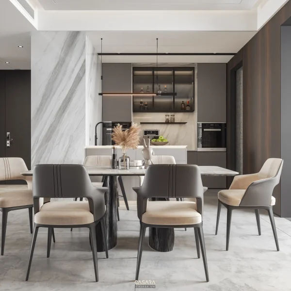 Ảnh phòng ăn tối giản bên hành lang kính màu nâu do Casara tuyển chọn cho thư viện thiết kế nội thất.