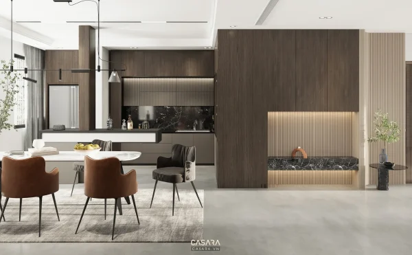 Ảnh quầy bar nhà hàng dài với tủ rượu và ghế cao do Casara tuyển chọn cho thư viện thiết kế nội thất.