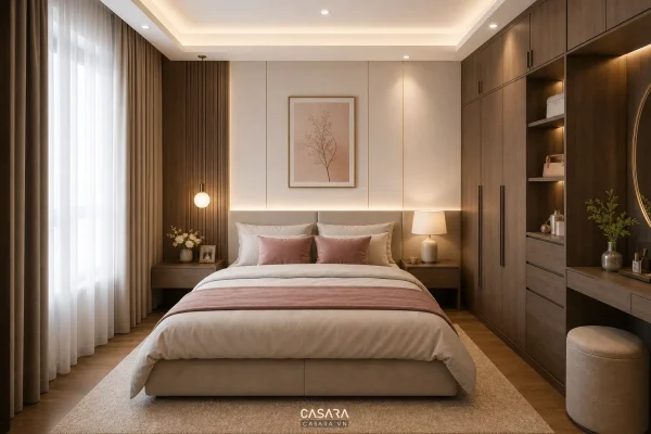 Phòng cưới ấm áp riêng tư với giường lớn tủ áo và ánh sáng dịu