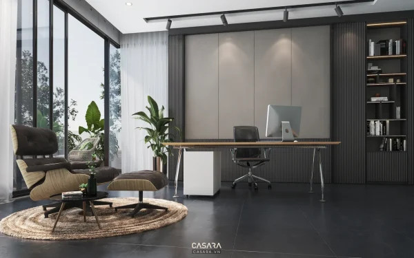 Ảnh khu làm việc điều hành với vách kính và trần kỹ thuật do Casara tuyển chọn cho thư viện thiết kế nội thất.