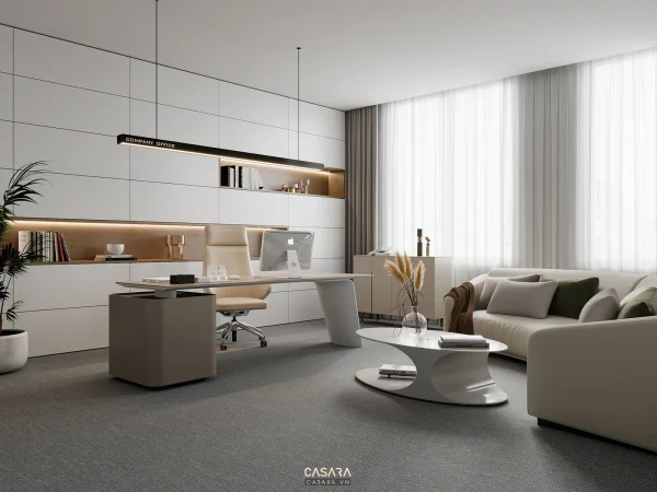 Ảnh phòng giám đốc tối giản với bàn làm việc và ghế phụ do Casara tuyển chọn cho thư viện thiết kế nội thất.