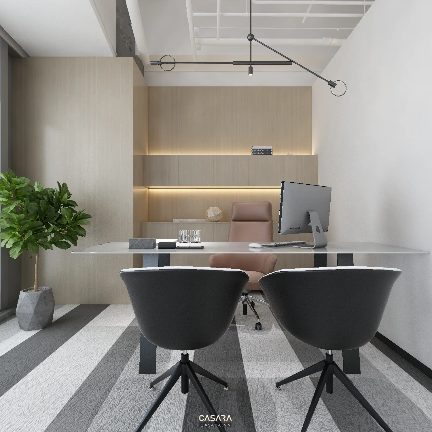 Ảnh phòng giám đốc tông nâu với sofa tiếp khách và tủ hồ sơ do Casara tuyển chọn cho thư viện thiết kế nội thất.