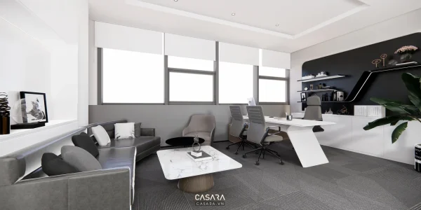 Ảnh phòng làm việc trắng đen có dãy bàn dài và lối đi rộng do Casara tuyển chọn cho thư viện thiết kế nội thất.