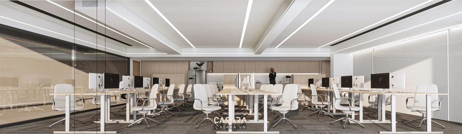 Ảnh quầy lễ tân văn phòng bo cong với kính xanh và ghế lounge do Casara tuyển chọn cho thư viện thiết kế nội thất.