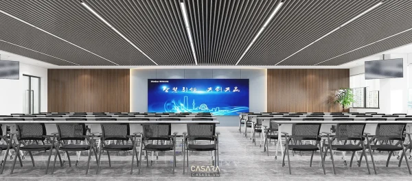 Ảnh phòng họp bàn tròn kính với đèn trần vòng lớn do Casara tuyển chọn cho thư viện thiết kế nội thất.
