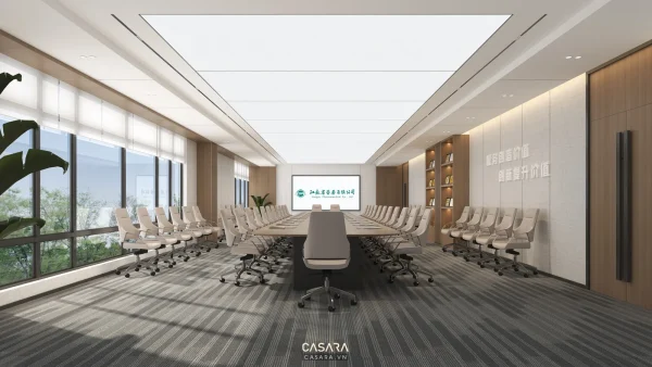 Ảnh phòng họp bàn tròn với trần lam gỗ và ghế đen do Casara tuyển chọn cho thư viện thiết kế nội thất.