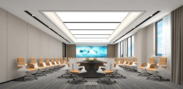 Ảnh phòng họp cao cấp bàn dài với ghế da trắng do Casara tuyển chọn cho thư viện thiết kế nội thất.