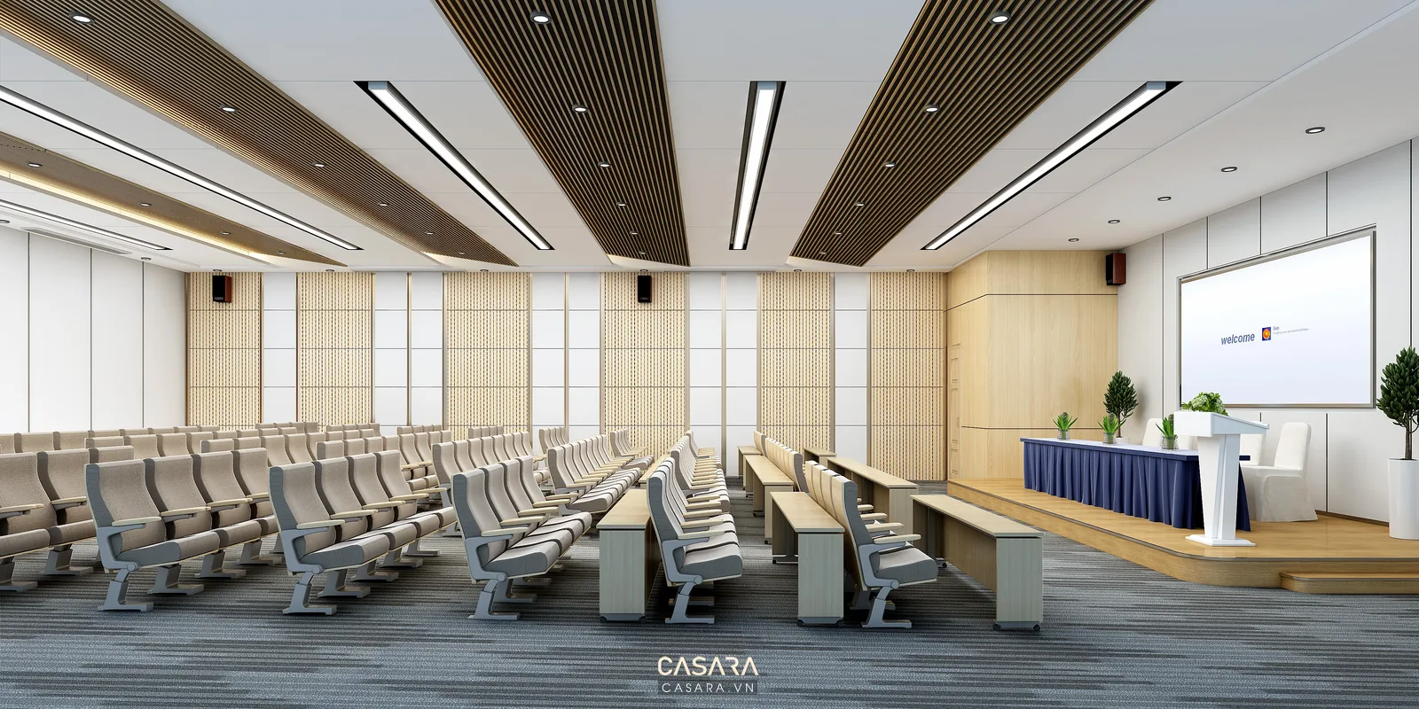 Ảnh phòng họp dài với tủ gỗ và bảng trắng lớn do Casara tuyển chọn cho thư viện thiết kế nội thất.
