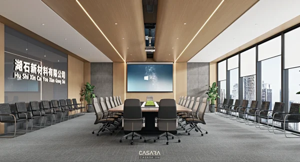 Ảnh phòng họp trắng tối giản với dãy ghế đen do Casara tuyển chọn cho thư viện thiết kế nội thất.