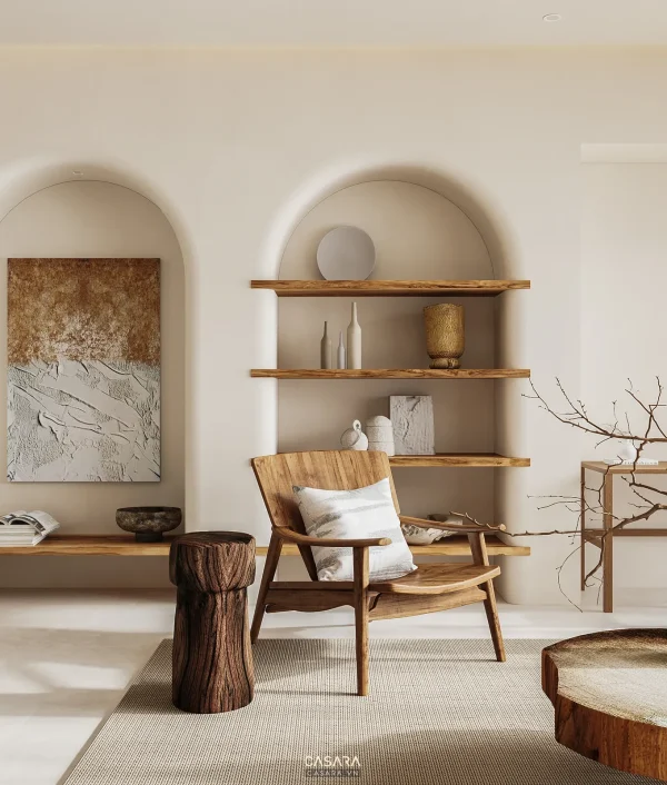 Ảnh bàn trà phòng khách nhìn từ trên với thảm và sofa bo cong do Casara tuyển chọn cho thư viện thiết kế nội thất.