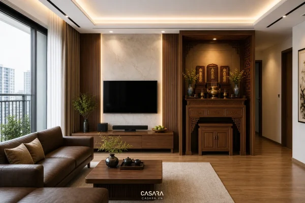 Phòng khách chung cư hiện đại có bàn thờ gia tiên cạnh kệ tivi và lối đi thoáng