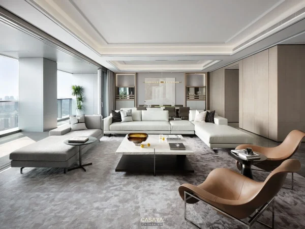 Ảnh không gian phòng ngủ mở nhìn từ khu tiếp khách do Casara tuyển chọn cho thư viện thiết kế nội thất.