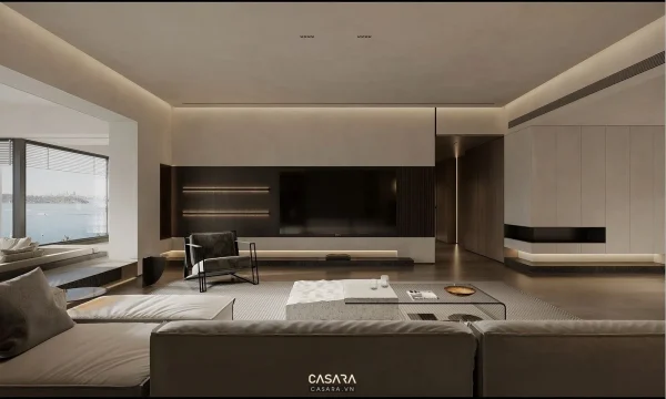 Ảnh phòng khách rộng với sofa, bàn trà và tủ kệ âm tường do Casara tuyển chọn cho thư viện thiết kế nội thất.