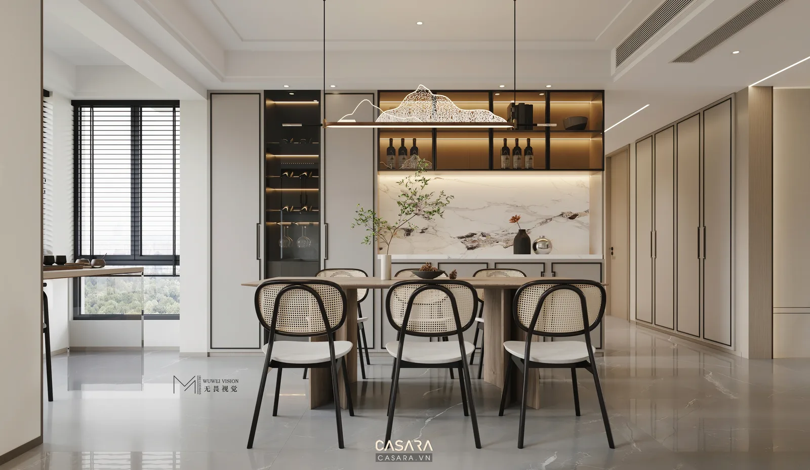Phòng khách tối giản liền phòng ăn tông be sáng