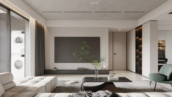 Ảnh phòng khách trắng với vách tivi phào chỉ và bàn trà tròn do Casara tuyển chọn cho thư viện thiết kế nội thất.