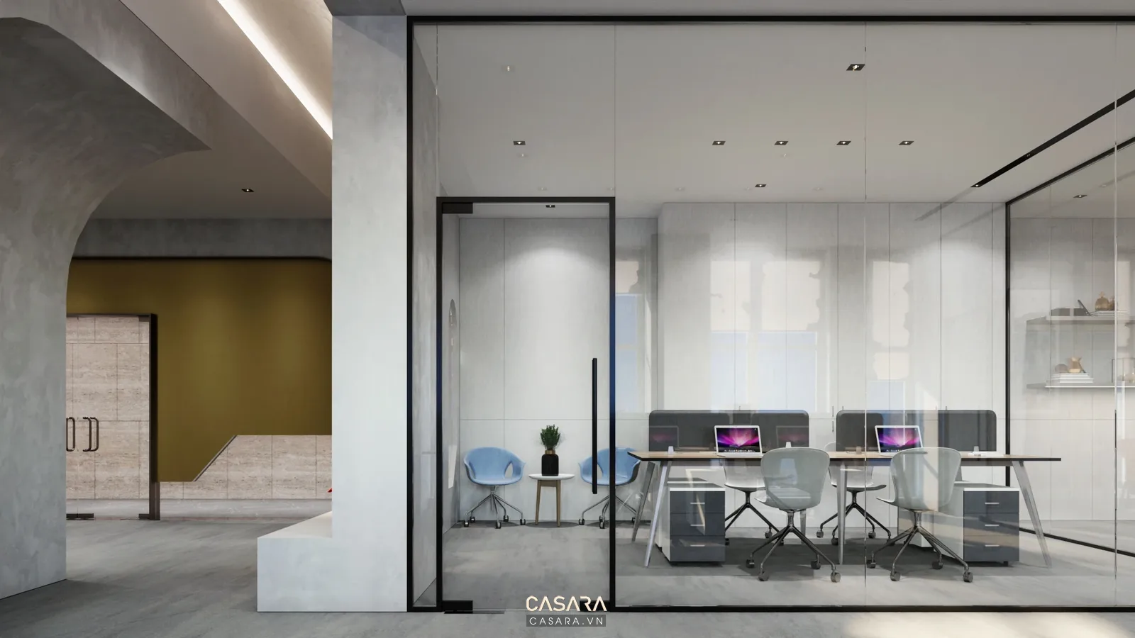 Ảnh cụm bàn làm việc gỗ trong văn phòng trần mở do Casara tuyển chọn cho thư viện thiết kế nội thất.