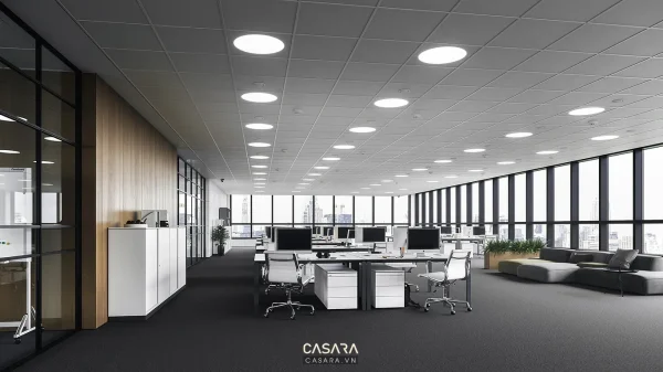 Ảnh dãy bàn làm việc dài trong văn phòng trắng đen do Casara tuyển chọn cho thư viện thiết kế nội thất.