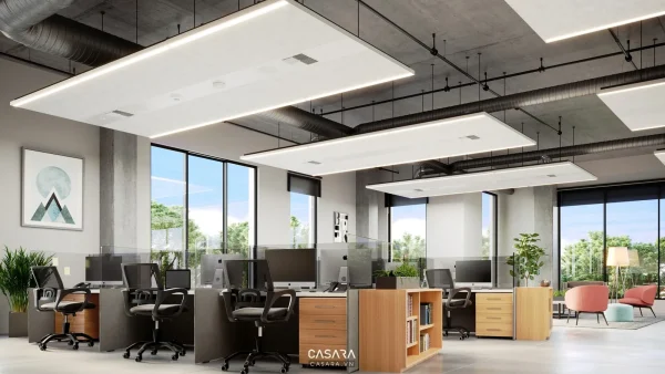 Ảnh hành lang văn phòng xanh trắng với trần kỹ thuật hiện đại do Casara tuyển chọn cho thư viện thiết kế nội thất.