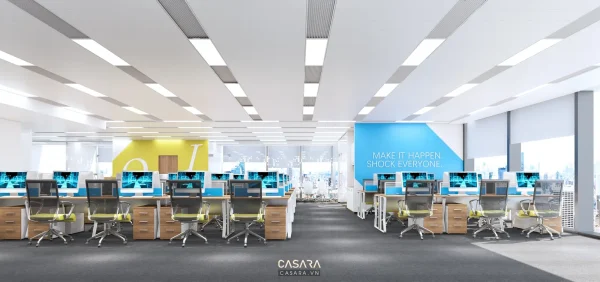 Ảnh văn phòng kính hiện đại với bàn làm việc và trần kỹ thuật do Casara tuyển chọn cho thư viện thiết kế nội thất.