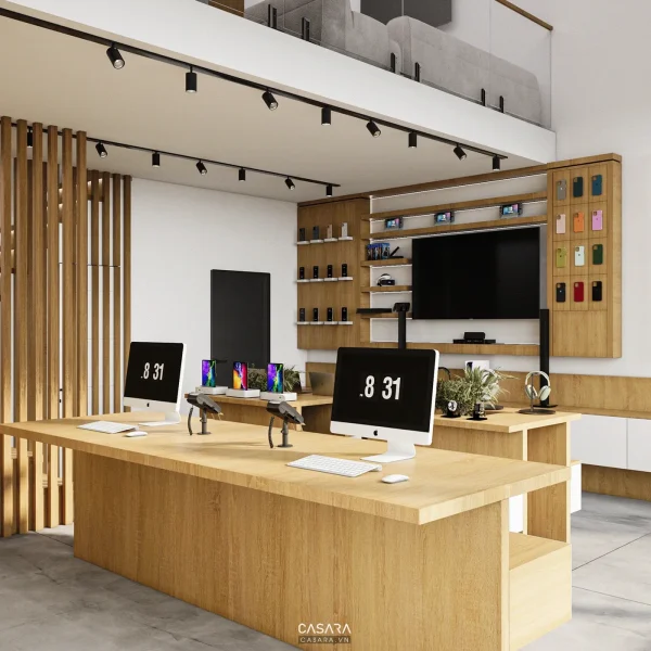 Ảnh văn phòng mở có lounge trắng và trần kỹ thuật lộ do Casara tuyển chọn cho thư viện thiết kế nội thất.