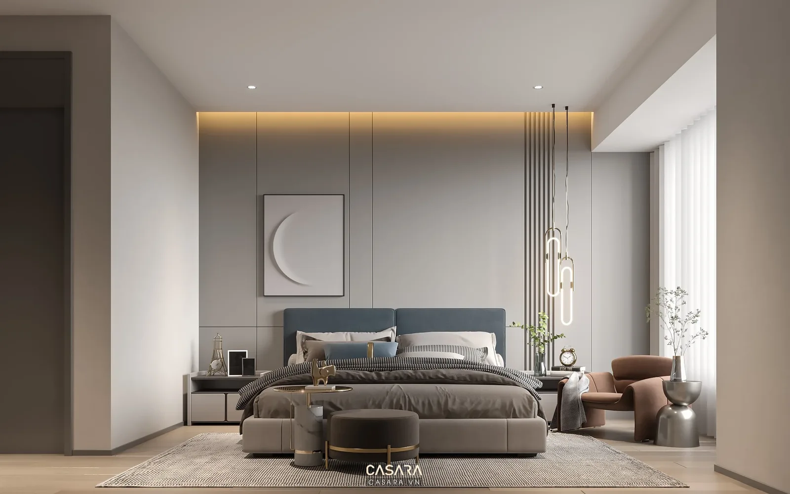 Góc giường ngủ tông be với vách ốp đầu giường