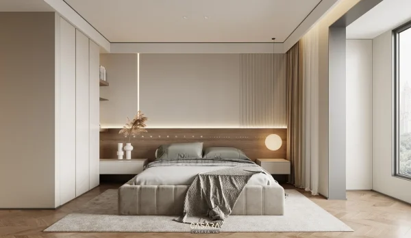 Ảnh phòng ngủ master có bàn trang điểm sau đầu giường do Casara tuyển chọn cho thư viện thiết kế nội thất.