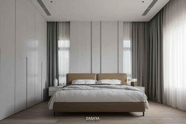 Ảnh phòng ngủ rộng tông xanh xám với ghế đơn màu nâu do Casara tuyển chọn cho thư viện thiết kế nội thất.