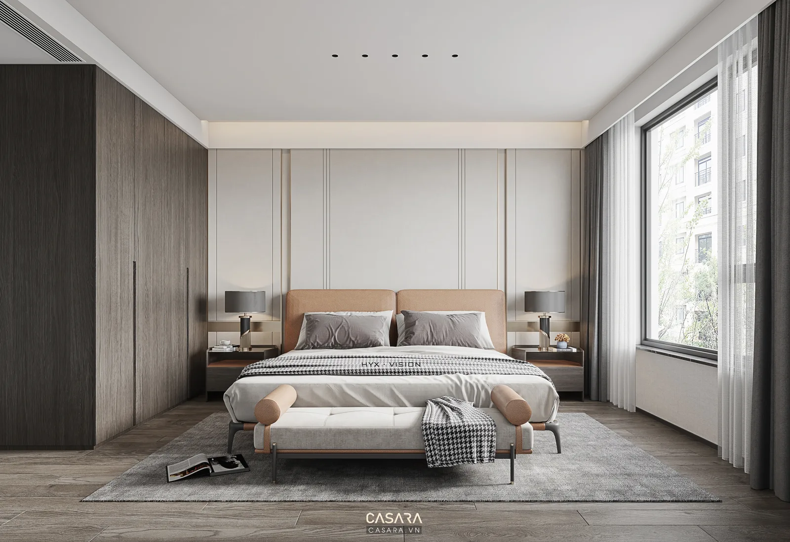 Phòng ngủ sáng màu với giường gỗ thấp và cửa kính lớn