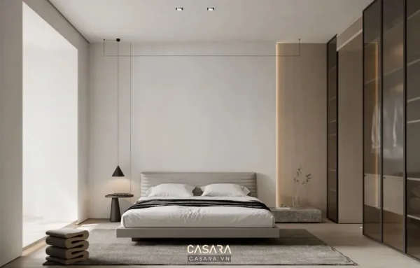 Phòng ngủ tối giản có bàn làm việc và ánh sáng ấm cho chủ đề nhà phong cách hiện đại tối giản Casara.