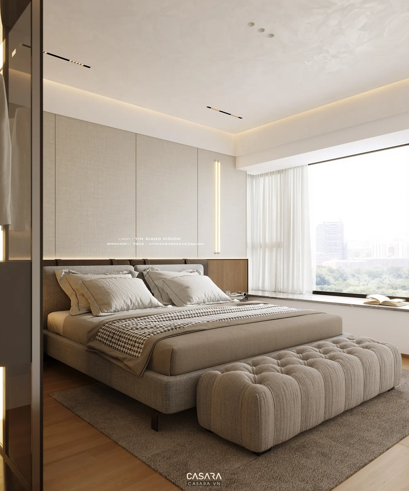 Phòng ngủ trắng xám với đèn đọc sách dáng đứng
