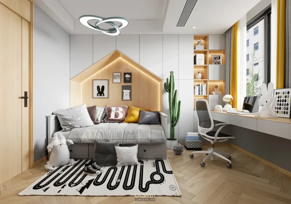 Ảnh góc phòng bé gái có ghế lông, tủ ngăn kéo và đèn trang trí do Casara tuyển chọn cho thư viện thiết kế nội thất.
