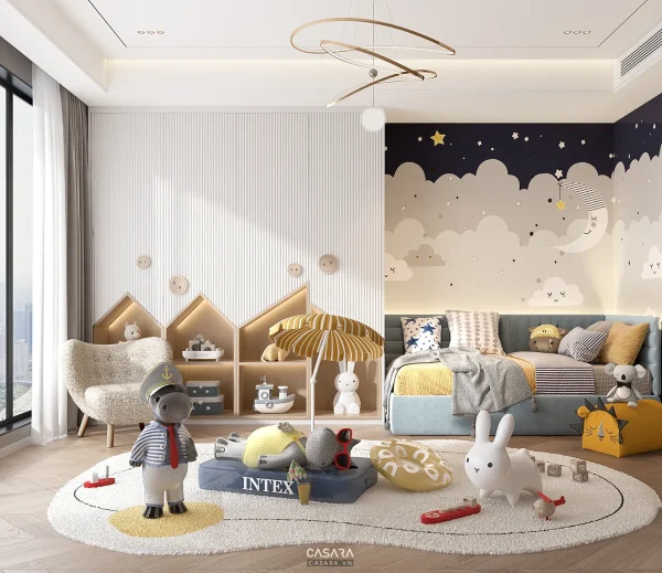 Ảnh phòng ngủ bé gái màu hồng nhạt với tủ áo âm tường do Casara tuyển chọn cho thư viện thiết kế nội thất.