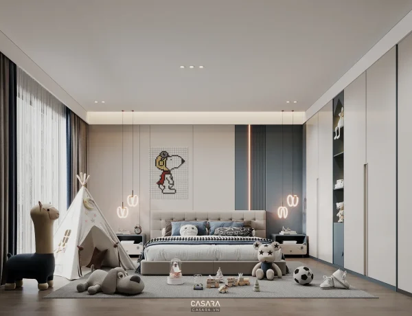 Ảnh phòng ngủ trẻ em có đầu giường hình gấu panda phát sáng do Casara tuyển chọn cho thư viện thiết kế nội thất.