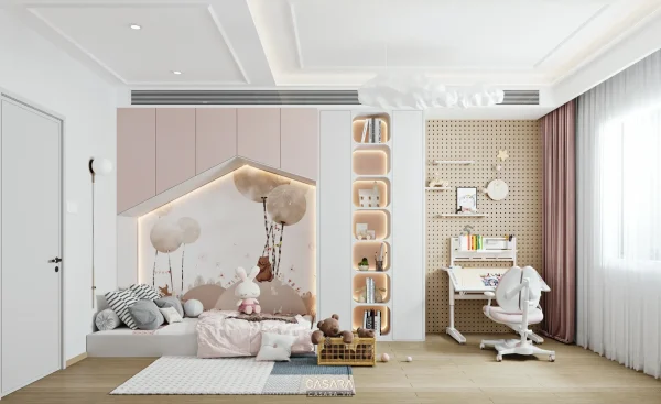 Ảnh phòng ngủ trẻ em có giường tầng, bàn học và kệ trưng bày do Casara tuyển chọn cho thư viện thiết kế nội thất.